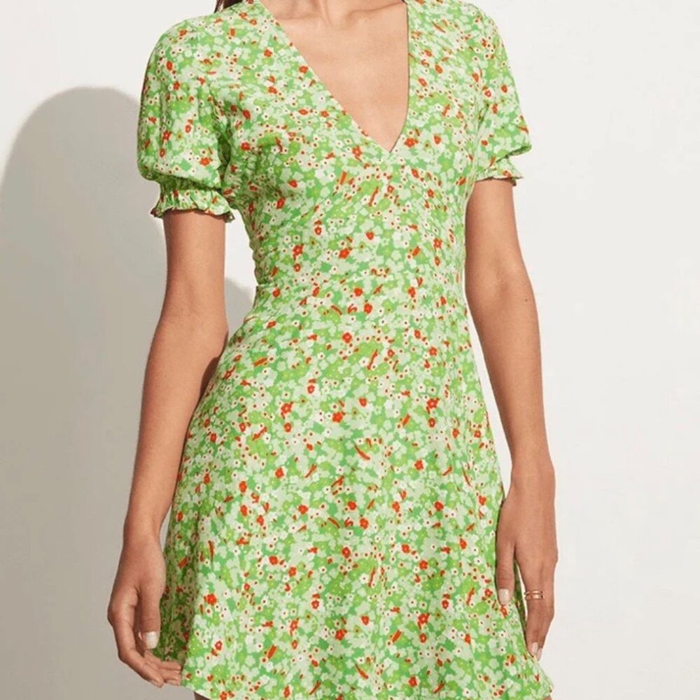 Faithfull the Brand Green Orange White Floral Puff Sleeve Mini Dress Size 4